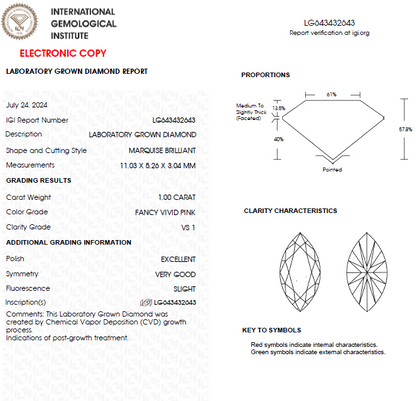 1 CT Marquise Vivid Pink Lab Grown Diamond For Engagement Ring