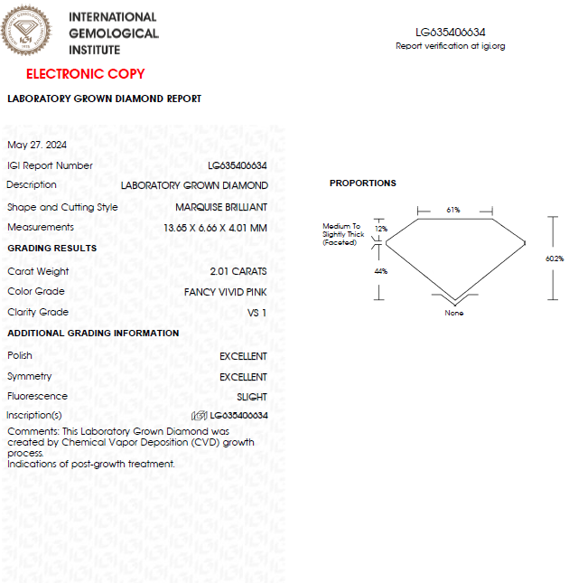 2 CT Marquise Vivid Pink Lab grown Diamond For Engagement Ring
