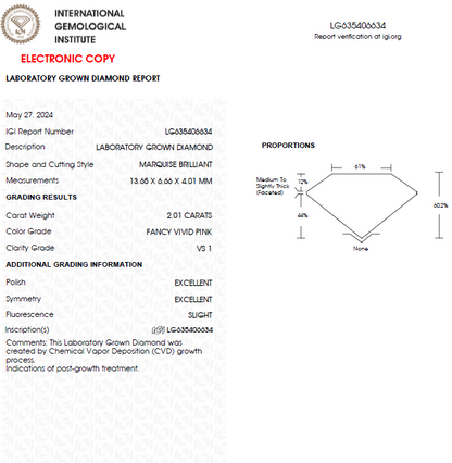 2 CT Marquise Vivid Pink Lab grown Diamond For Engagement Ring