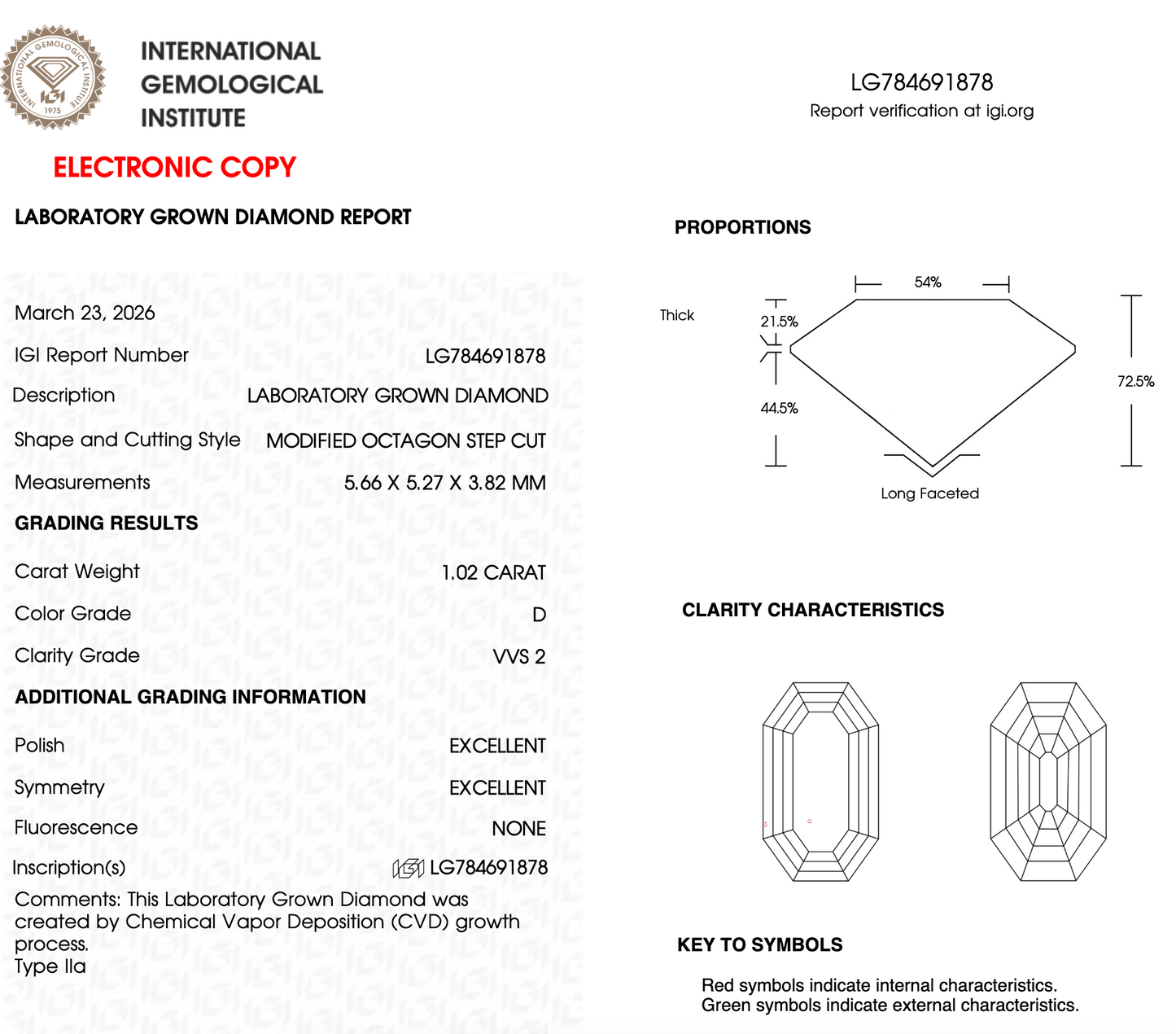 1 CT Octagon Lab Grown Diamond For Engagement Ring