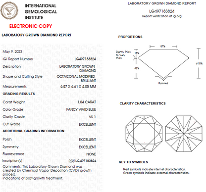1 CT Octagonal Vivid Blue Lab Grown Diamond For Engagement Ring