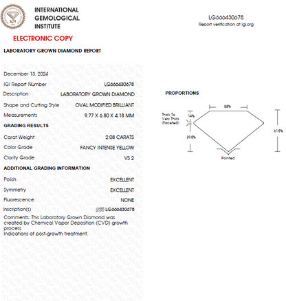 2 CT Oval Intense Yellow lab Grown diamond For Engagement Ring