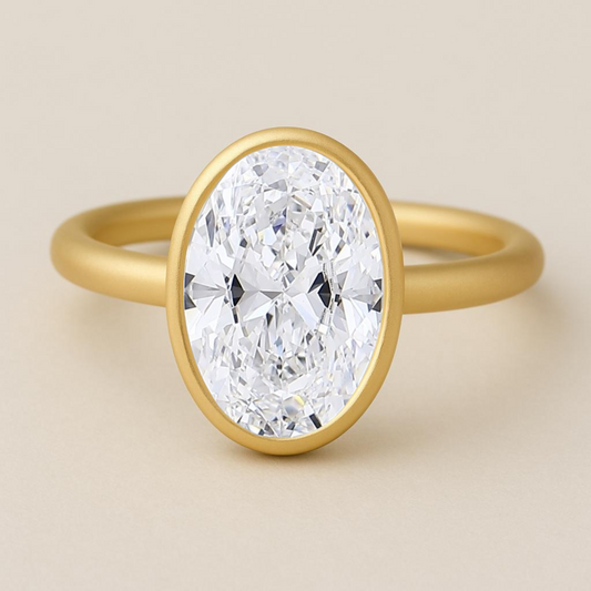 5 CT Oval Bezel Set Lab Grown Diamond Yellow Gold Ring
