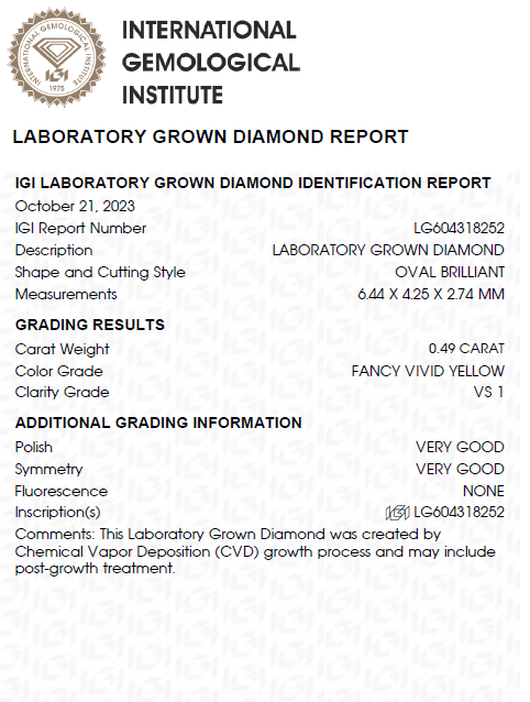 0.50 CT Oval Shape Vivid Yellow lab Grown diamond For Engagement Ring