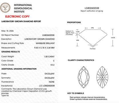 1 CT Marquise Cut Lab Grown Diamond For Engagement Ring