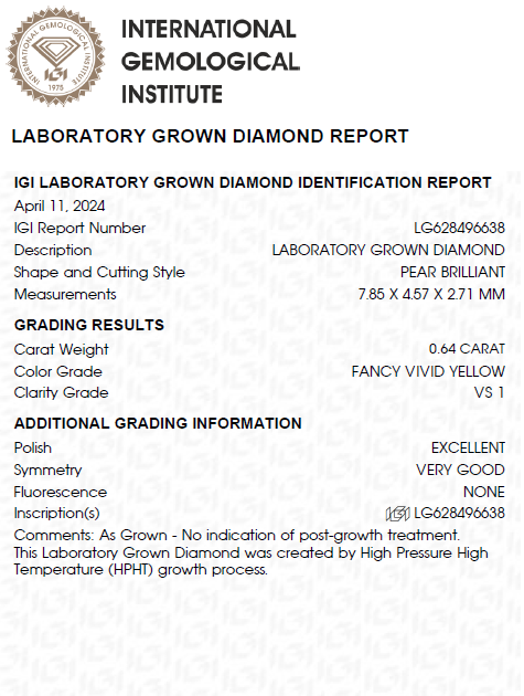 Pear Vivid Yellow Lab Grown Diamond For Engagement Ring