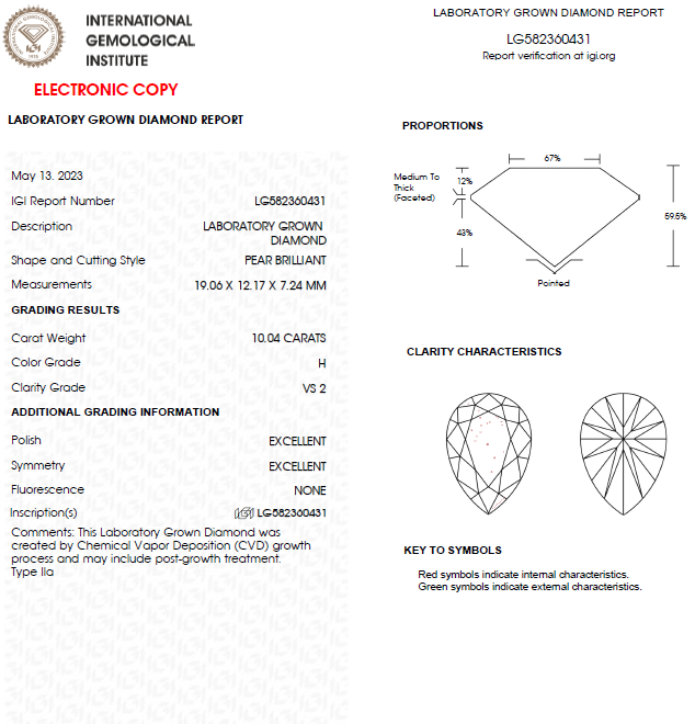 10 Carat Pear Lab Grown Diamond For Engagement Ring