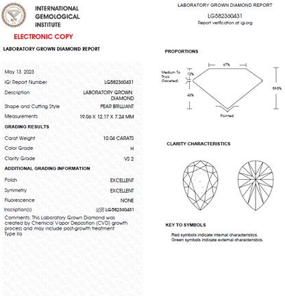 10 Carat Pear Lab Grown Diamond For Engagement Ring