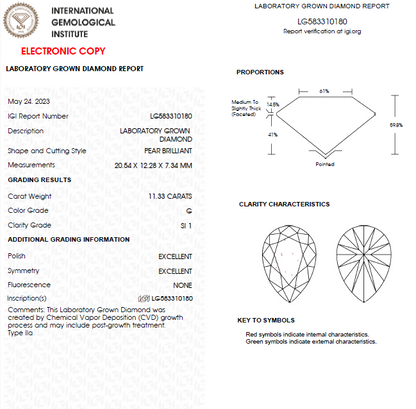 11 CT Pear Shape Lab Grown Diamond For Engagement Ring