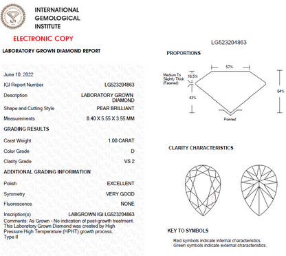 1 CT Pear Shape Lab Grown Diamond For Engagement Ring