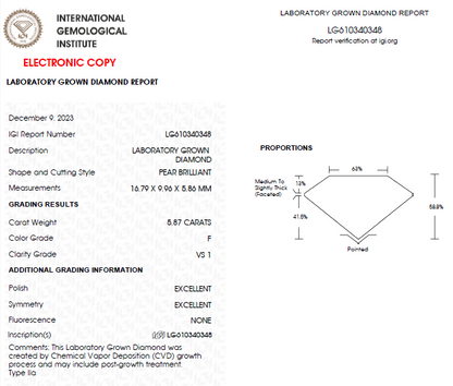 5.50 CT Pear Lab Grown Diamond For Engagement Ring