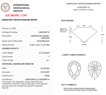 6.50 Pear Lab Grown Diamond For Engagement Ring