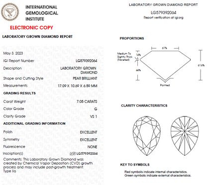 7 CT Pear Lab Grown Diamond For Engagement Ring