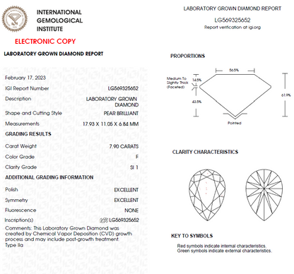 7.50 CT Pear Lab Grown Diamond For Engagement Ring