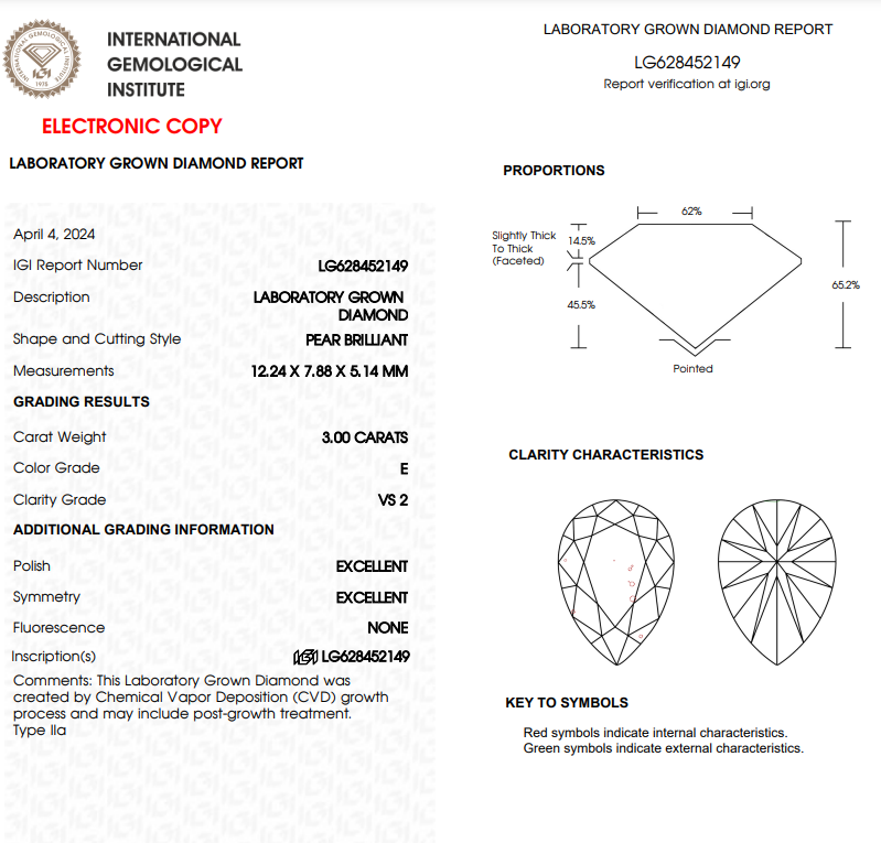 3 CT Pear Lab Grown Diamond For Engagement Ring