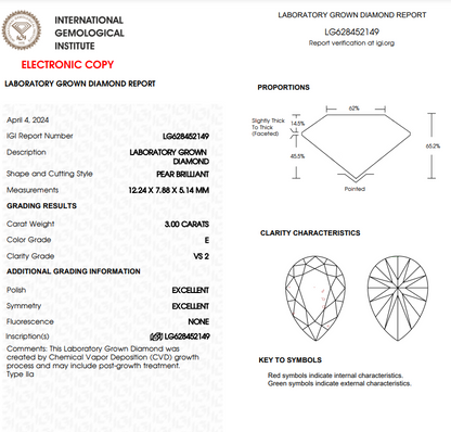 3 CT Pear Lab Grown Diamond For Engagement Ring