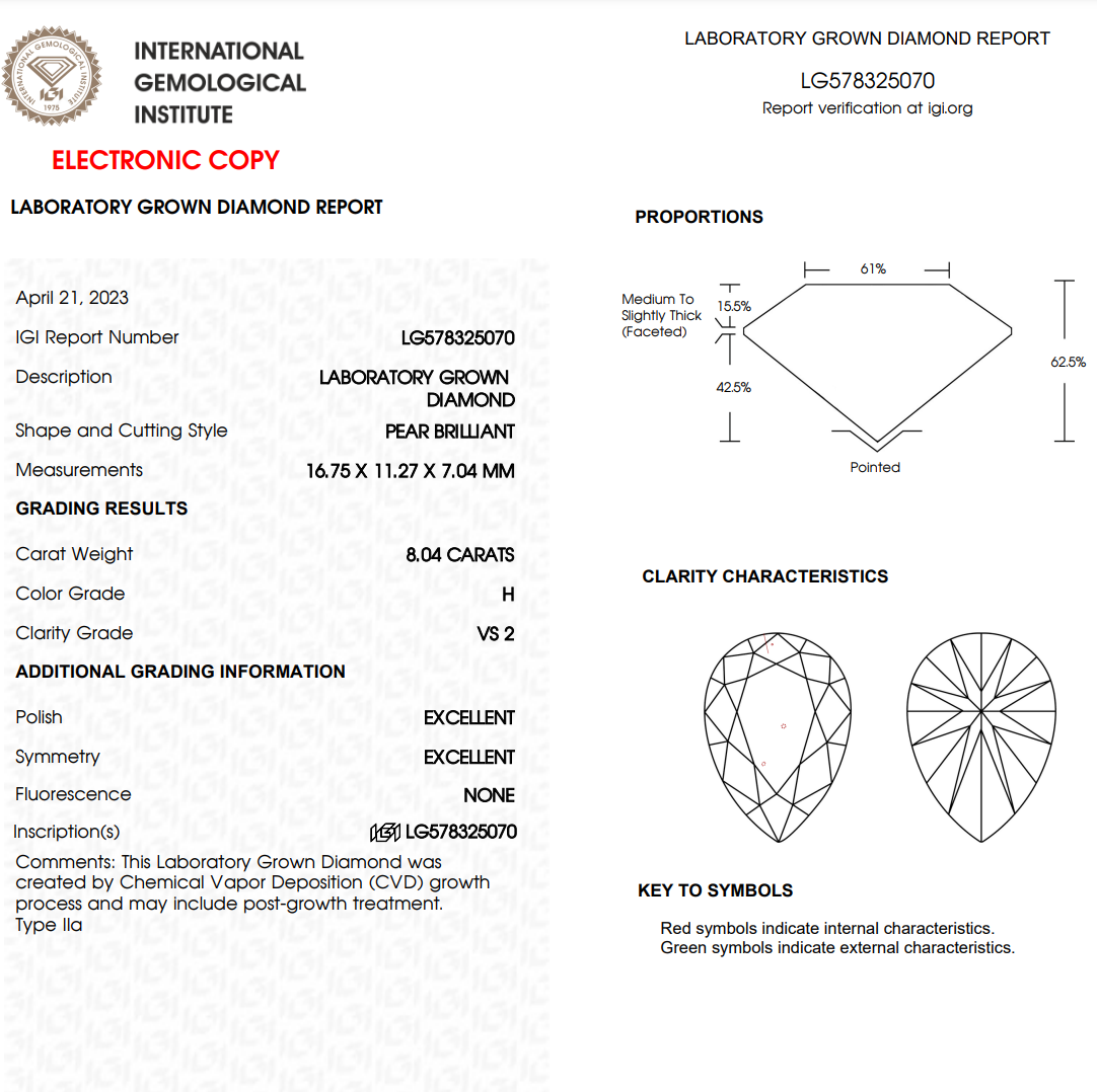 8 CT Pear Shape Lab Grown Diamond For Engagement Ring