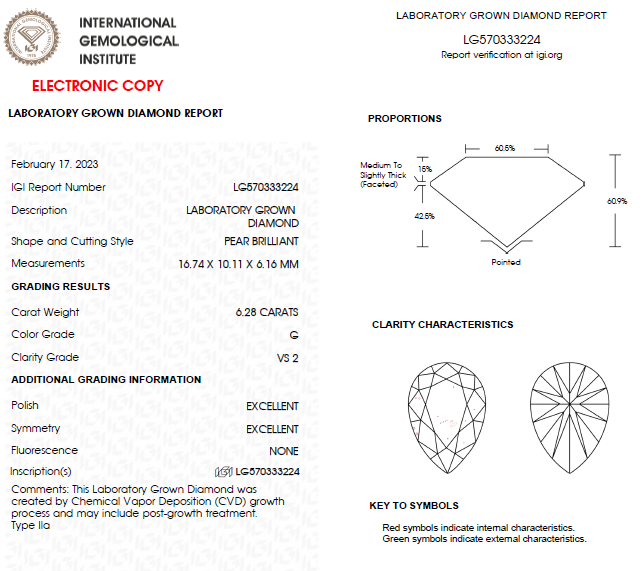 6 CT Pear Lab Grown Diamond For Engagement Ring