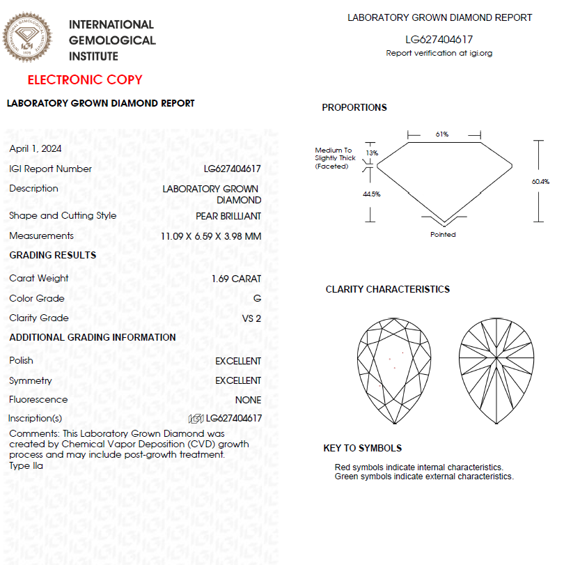 1.50 CT Pear Lab Grown Diamond For Engagement Ring