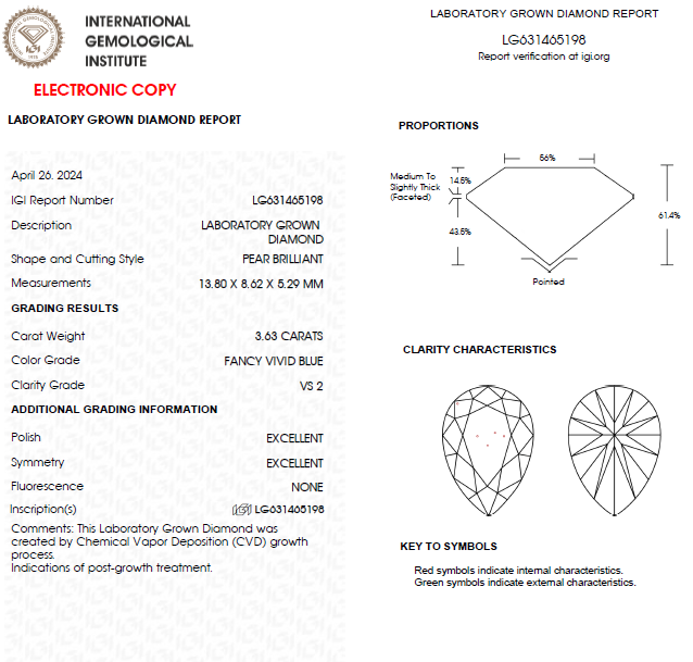 3.50 CT Pear Vivid Blue Lab Grown Diamond For Engagement Ring