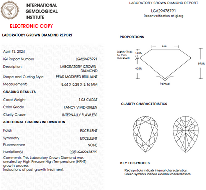 1 CT Pear Vivid Green  Lab Grown Diamond For Engagement Ring