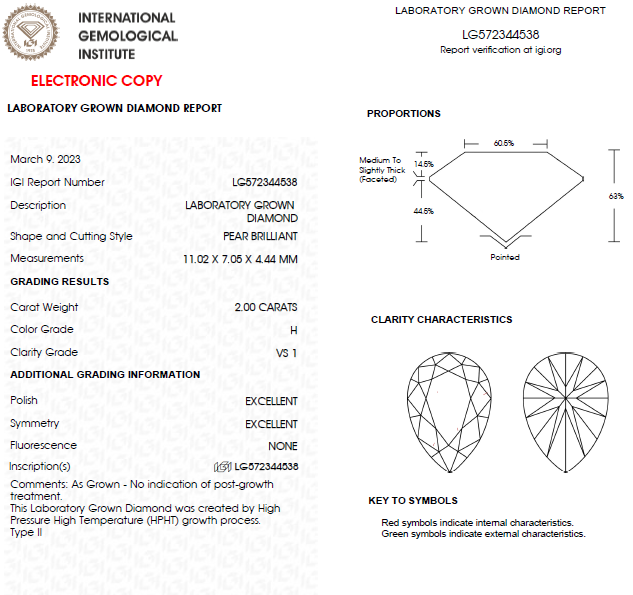 2 Carat Pear Lab Grown Diamond For Engagement Ring