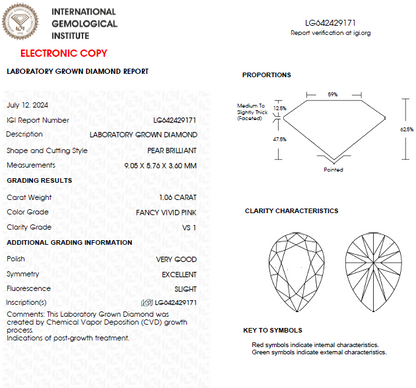 1 CT Pear Vivid Pink Lab Grown Diamond For Engagement Ring