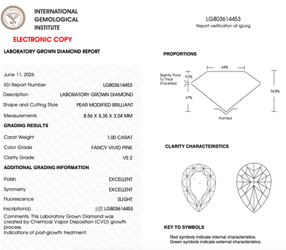 1 CT Pink Pear Lab Grown Diamond For Engagement Ring