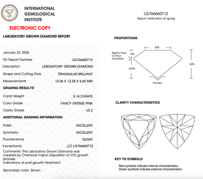 5 CT Pink Triangle Cut Lab Grown Diamond For Engagement Ring
