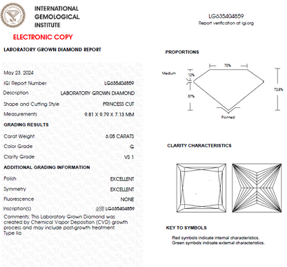 6 CT Princess Cut Lab Grown Diamond For Engagement Ring