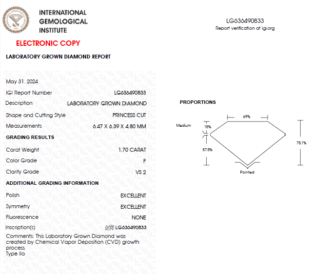 1.50 CT Princess Cut Lab Grown Diamond For Engagement Ring