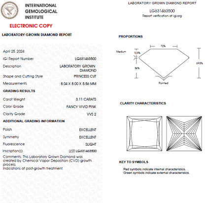 3 CT Princess Cut Vivid Pink Lab Grown Diamond For Engagement Ring