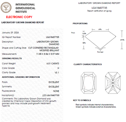 6 CT Radiant Cut Lab Grown Diamond For Engagement Ring