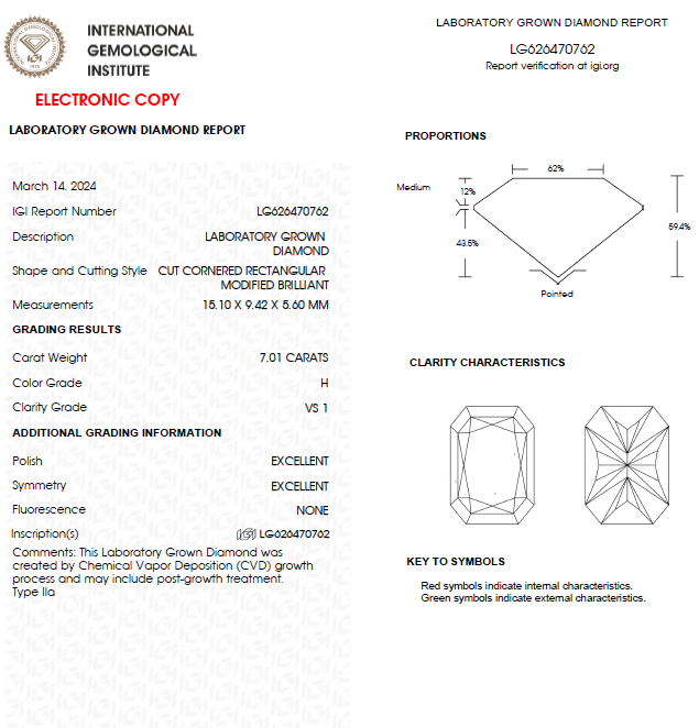 7 CT Radiant Cut Lab Grown Diamond For Engagement Ring