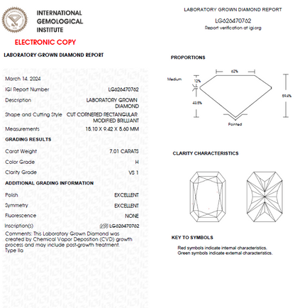 7 CT Radiant Cut Lab Grown Diamond For Engagement Ring