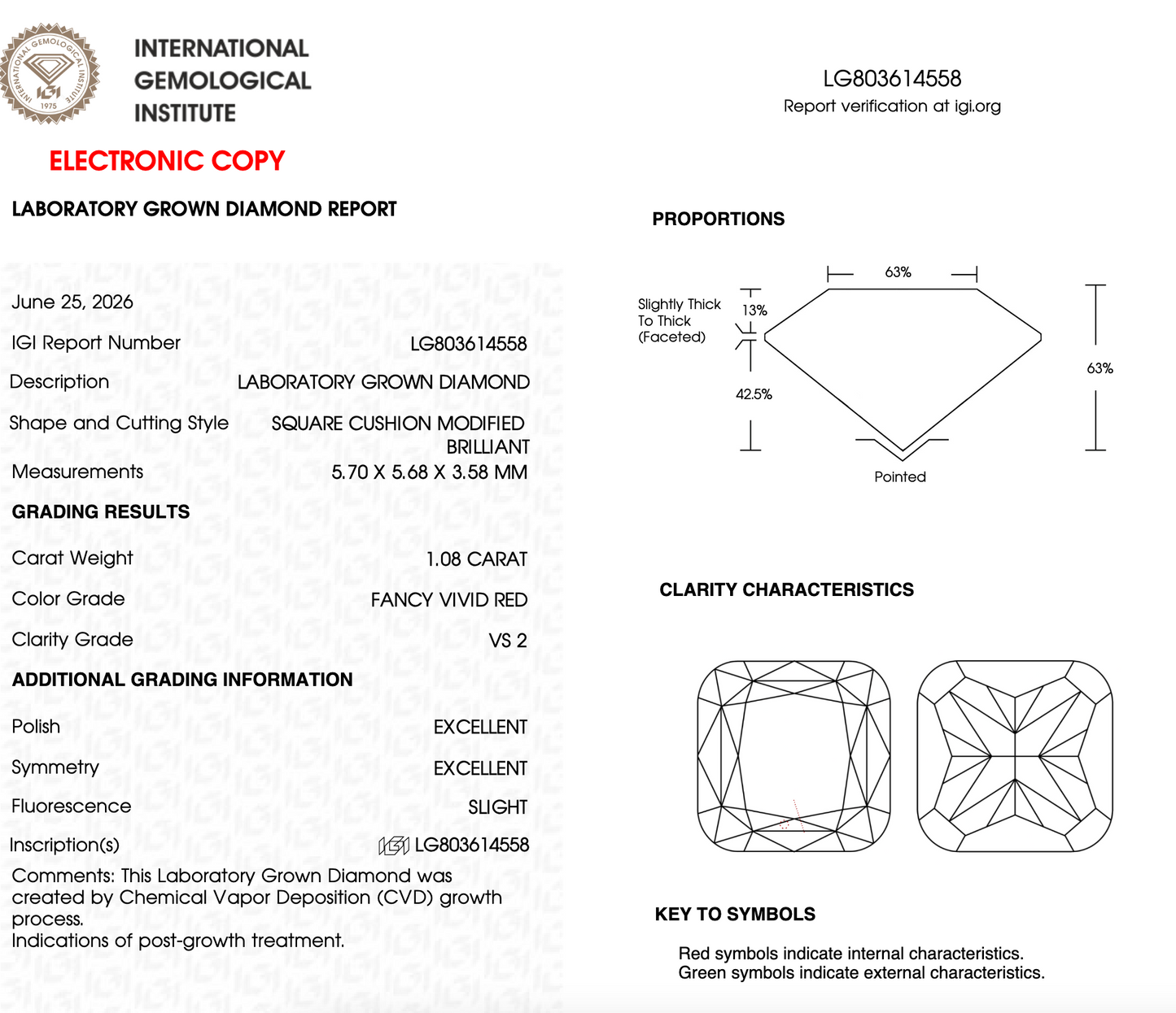 1 CT Red Cushion Cut Lab Grown Diamond For Engagement Ring