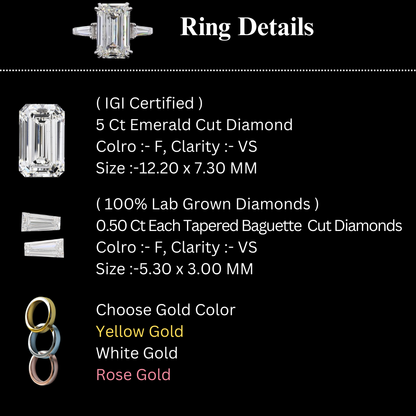 5 CT Emerald Cut Three Stone Lab Grown Diamond 14Kt white Gold  Engagement Ring