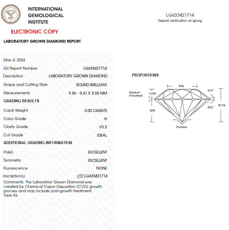 3 CT Round Lab Grown Diamond For Engagement Ring