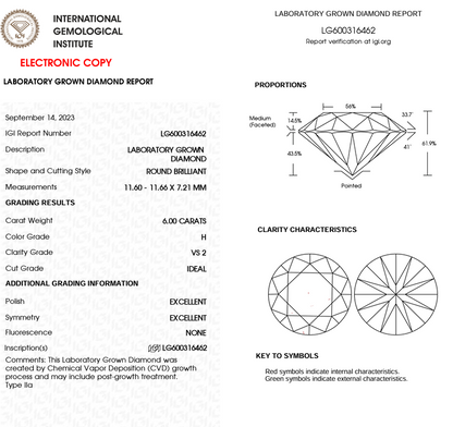 6 CT Round Lab Grown Diamond For Engagement Ring