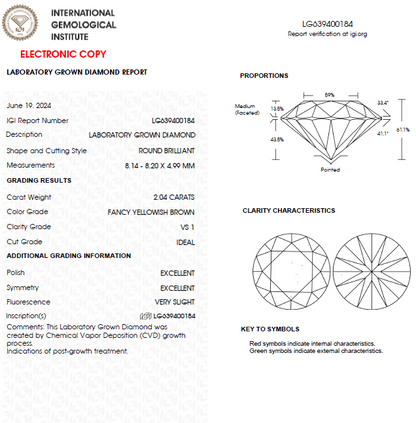 2 CT Round Yellowish Brown Lab Grown Diamond For Engagement Ring