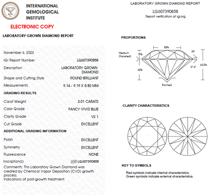 3 CT Round Vivid Blue Lab Grown Diamond For Engagement Ring