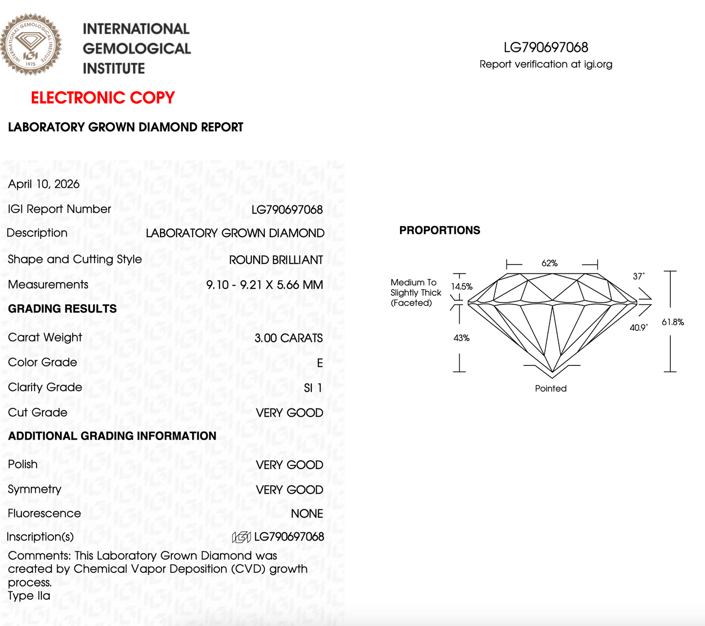 3 CT Round Lab Grown Diamond For Engagement Ring