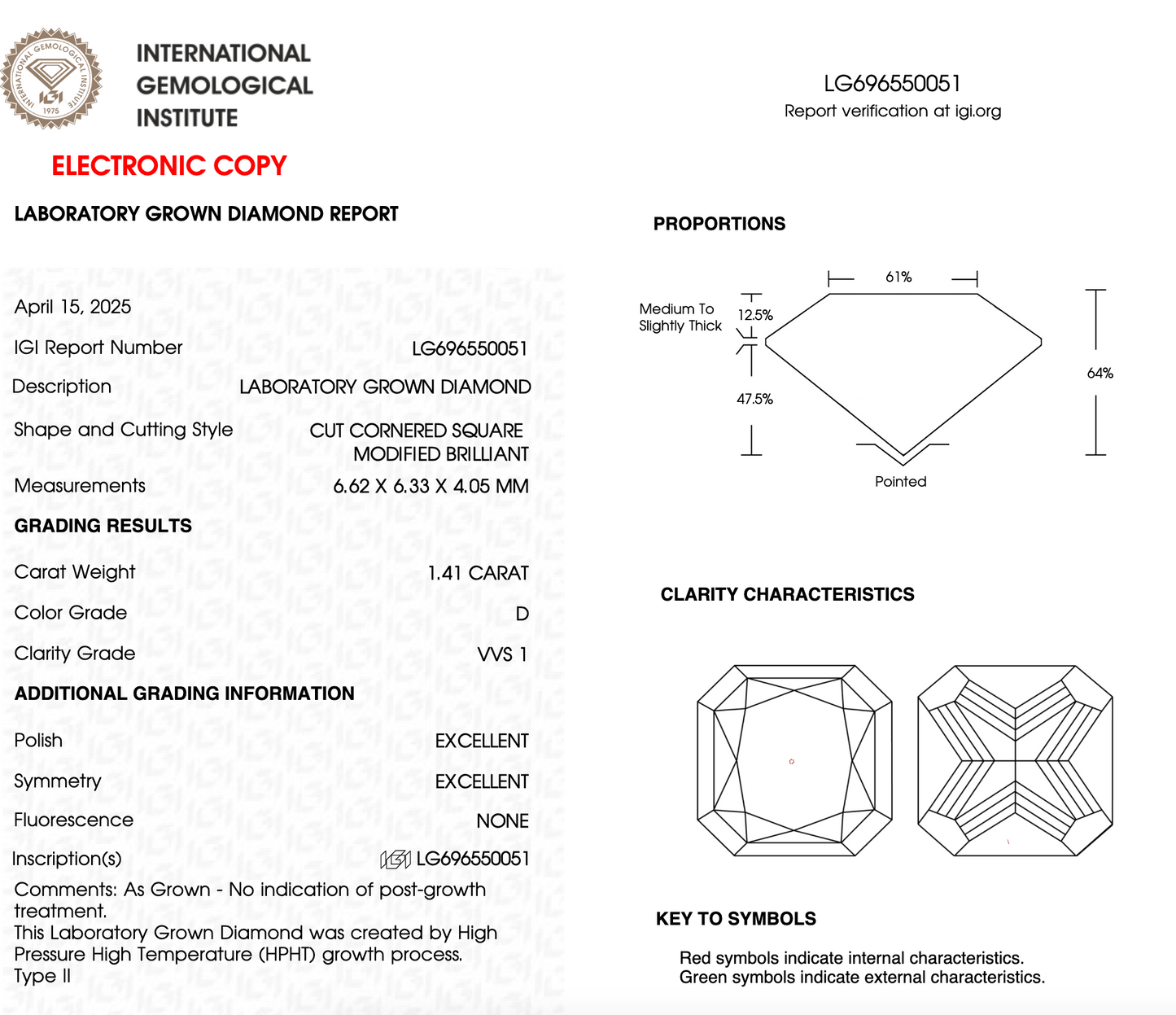 1 .41 CT Square Radiant Cut Lab Grown Diamond For Engagement Ring