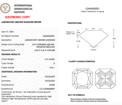 1 .41 CT Square Radiant Cut Lab Grown Diamond For Engagement Ring
