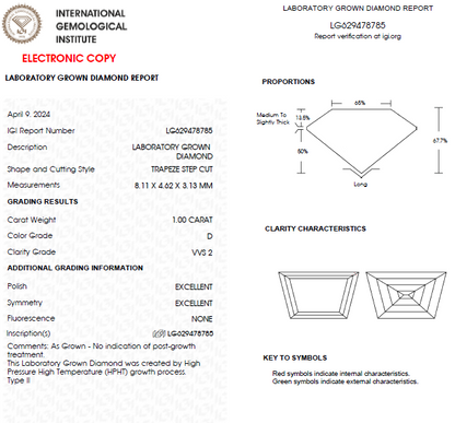 1 CT Trapezoid Cut Lab Grown Diamond For Engagement Ring