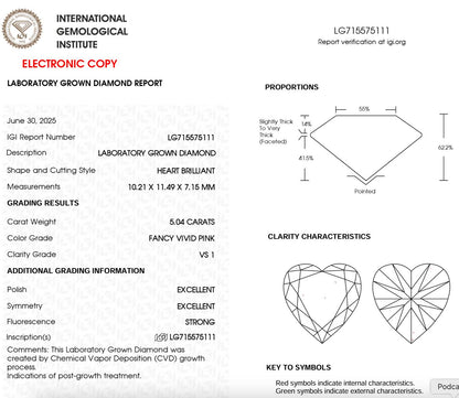 5.04 Carat Heart Shape Vivid Pink Lab Grown Diamond For Engagement  Ring