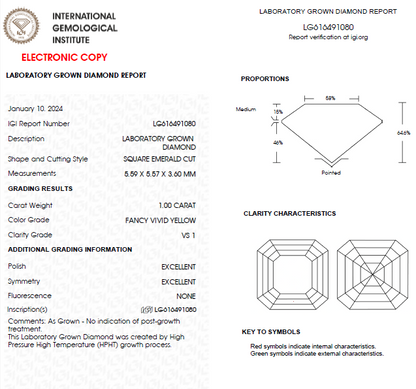 1 CT Asscher Cut Yellow Lab Grown Diamond For Engagement Ring