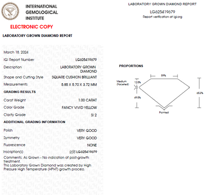 1 CT Cushion Cut Yellow Lab Grown Diamond For Engagement Ring