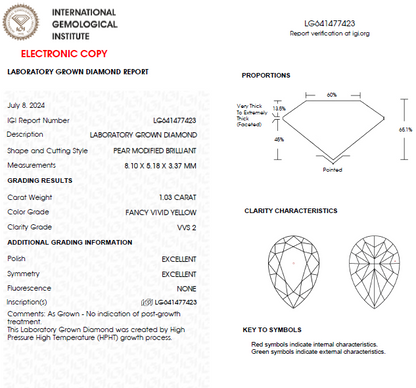 1 CT Pear Yellow Lab Grown Diamond For Engagement Ring