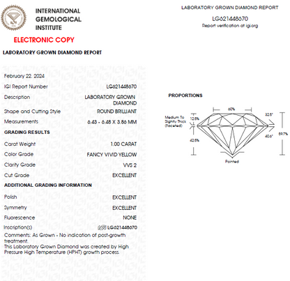 1 CT Round Yellow Lab Grown Diamond For Engagement Ring